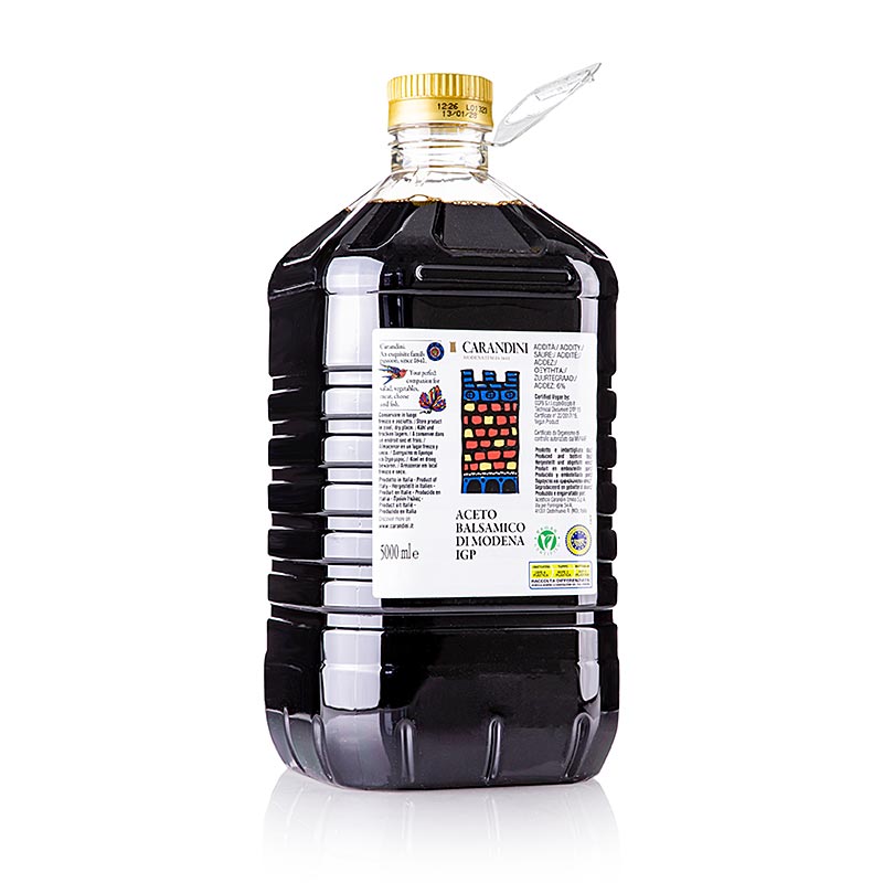 Carandini Aceto Balsamico Modena BGA, 6 maanden, Classico (kleurrijk kasteel, vroeger Ducale), 5 l - Afbeelding van een fles met kleurrijke etiket van het product