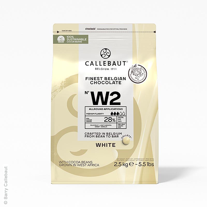 Witte chocolade, callets, 28% cacaoboter, 22% melk, 2,5 kg
