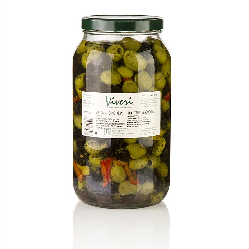 Olijvenmix, groene & zwarte olijven, zonder pit, pikant ingemaakt, Viveri, 3 kg