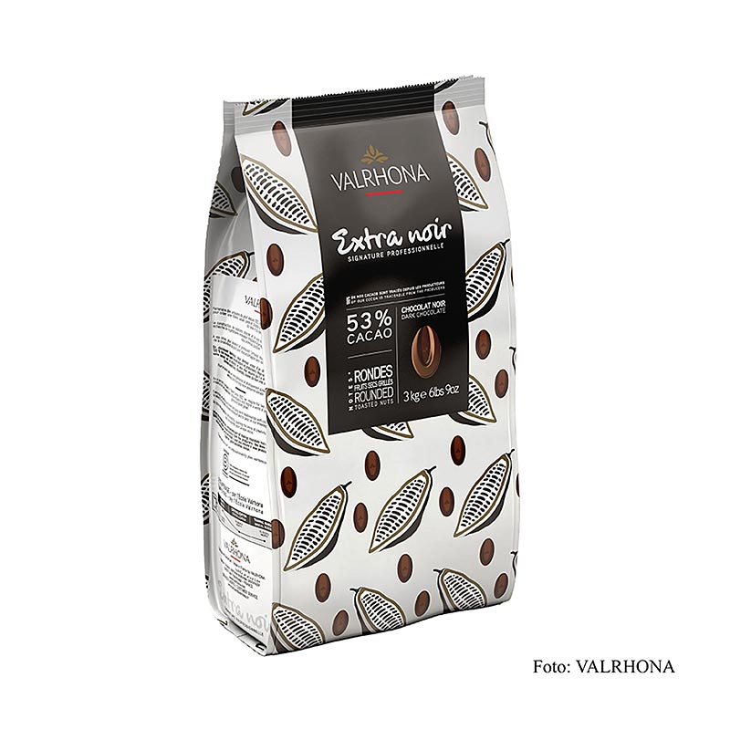 Valrhona Extra Noir, donkere couverture, callets, 53% cacao, 3 kg