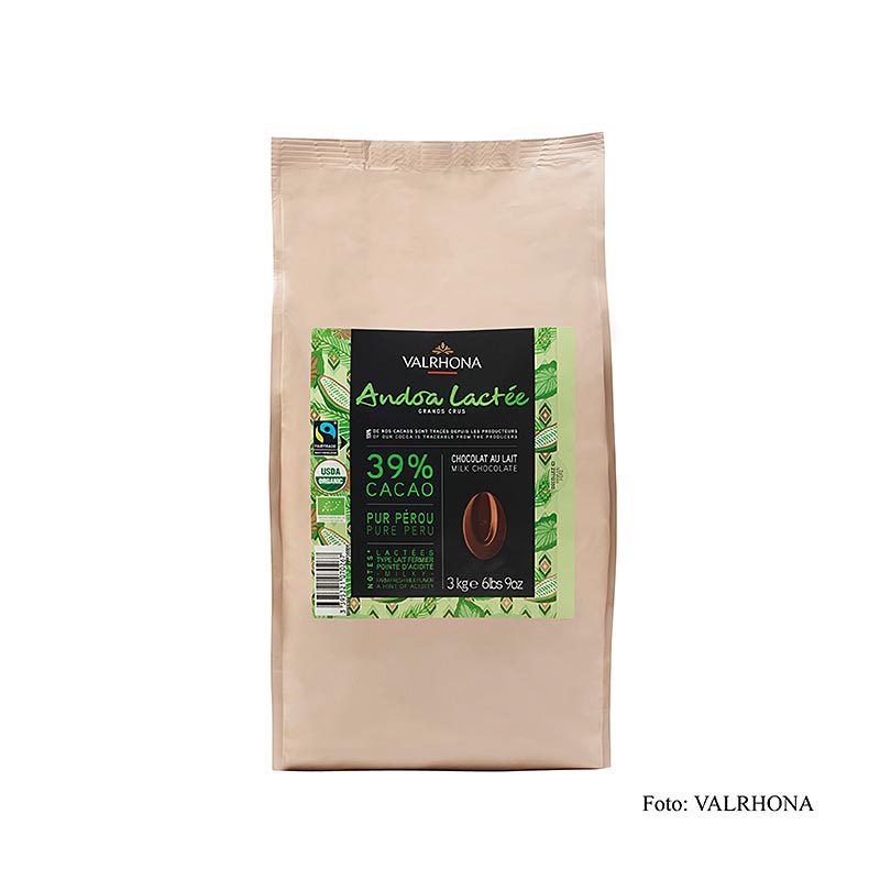 Valrhona Andoa Lactée, couverture volle melk, callets, 39% cacao, BIO, 3 kg
