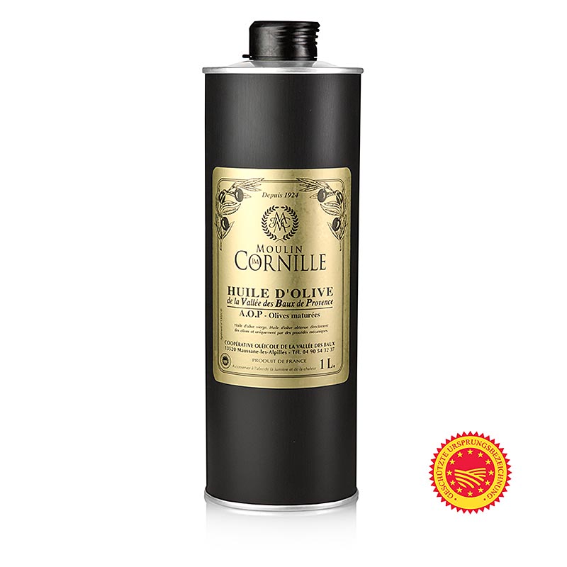 Olijfolie van eerste persing, Fruité Noir, mild-zoet, Baux de Provence, BOB, Cornille, 1 l