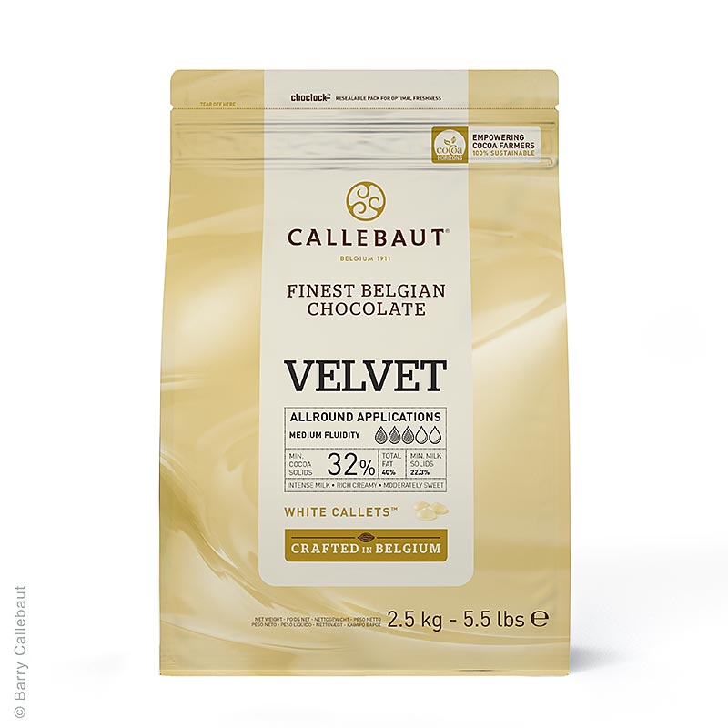 Witte chocolade "Velvet", callets, 32% cacaoboter, 23% melk, 2,5 kg