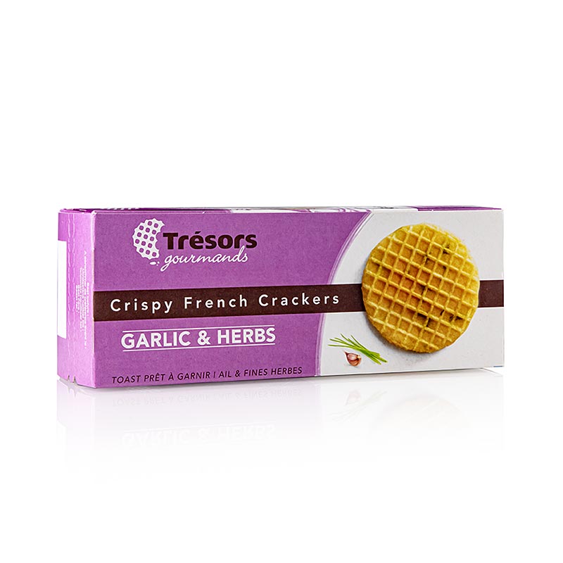 Barsnack Tresors - Knapperige Franse mini-wafelcrackers met knoflook en kruiden, 95 g