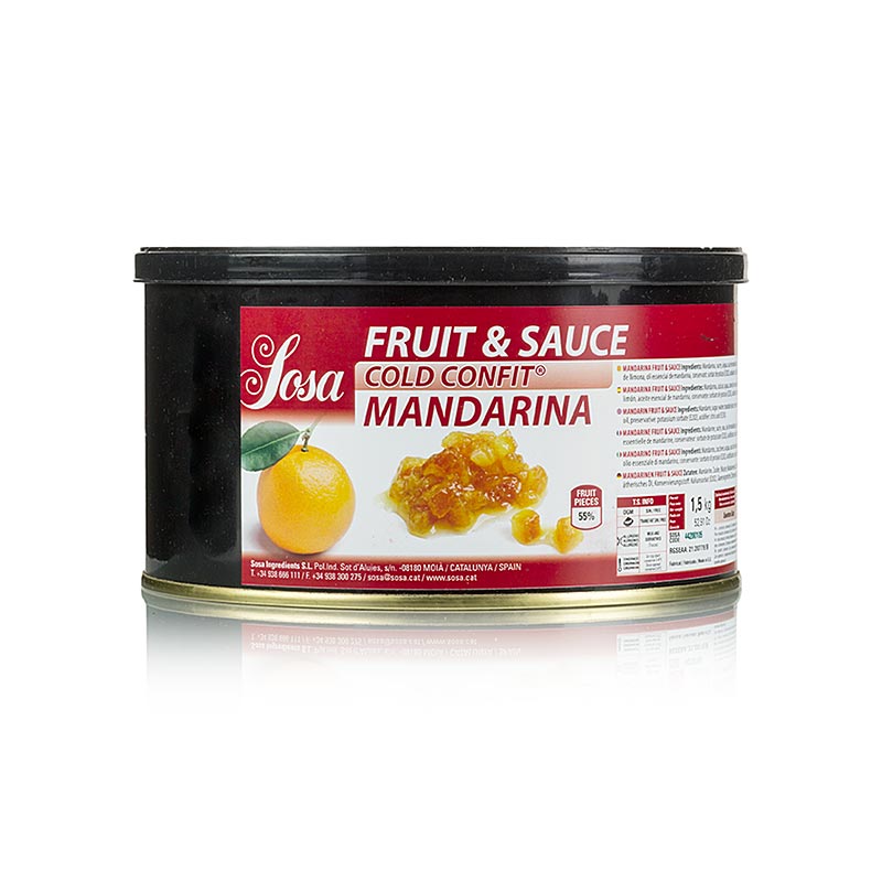 Sosa Koud Geconfijt - Mandarijn, Fruit & Saus, met schil (37243), 15 kg - Een afbeelding van een 15 kg verpakking van Sosa Koud Geconfijte Mandarijn met fruit en saus, inclusief de schil, productnummer 37243