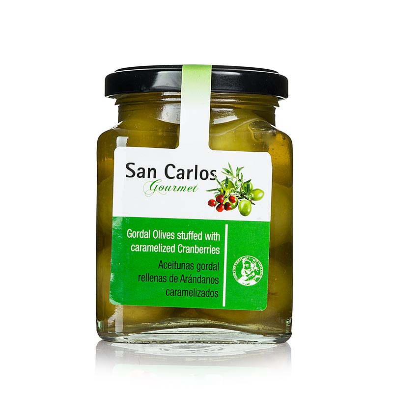 Groene olijven, zonder pit, Gordal, met gekarameliseerde veenbessen, San Carlos, 300 g