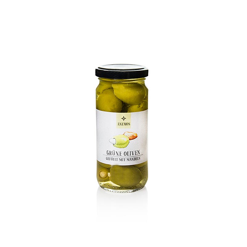 Groene olijven, zonder pit, met amandelen, ANEMOS, 227 g