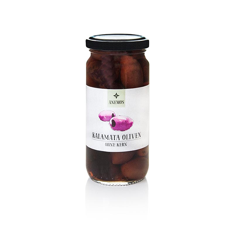 Zwarte olijven, zonder pit, Kalamata-olijven, in pekel, ANEMOS, 227 g
