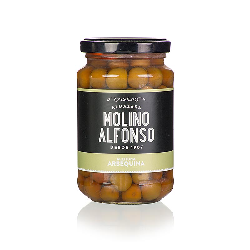 Groene olijven, met pit, Arbequina, in pekel, Molino Alfonso, 355 g
