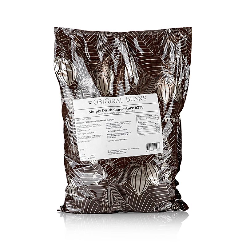Couverture Simply Dark 62% cacao, bitter, drops, Original Beans, veganistisch, 2 kg