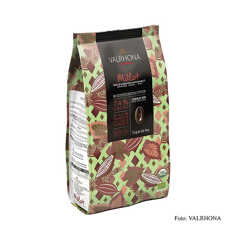 Valrhona Millot, donkere couverture, 74% cacao, callets (31508), BIO, 3 kg