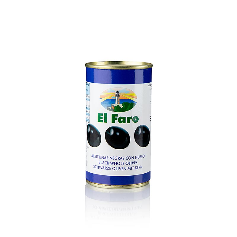 Zwarte olijven, met pit, zwartgeblakerd, in pekel, El Faro, 350 g