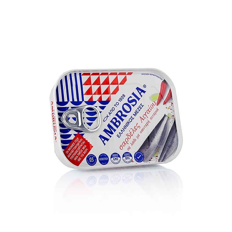Sardines in pikante olie, uit de Egeïsche Zee, Ambrosia, 105 g