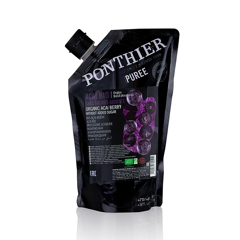 Organic, unsweetened Ponthier acai puree, made from 100% fruit, in a 1 kg package