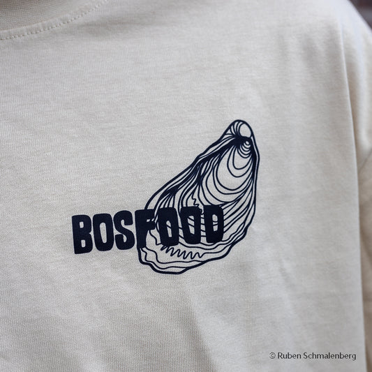 Close-up of BOS FOOD T-shirt Oyster fabric texture in light sand color, size L