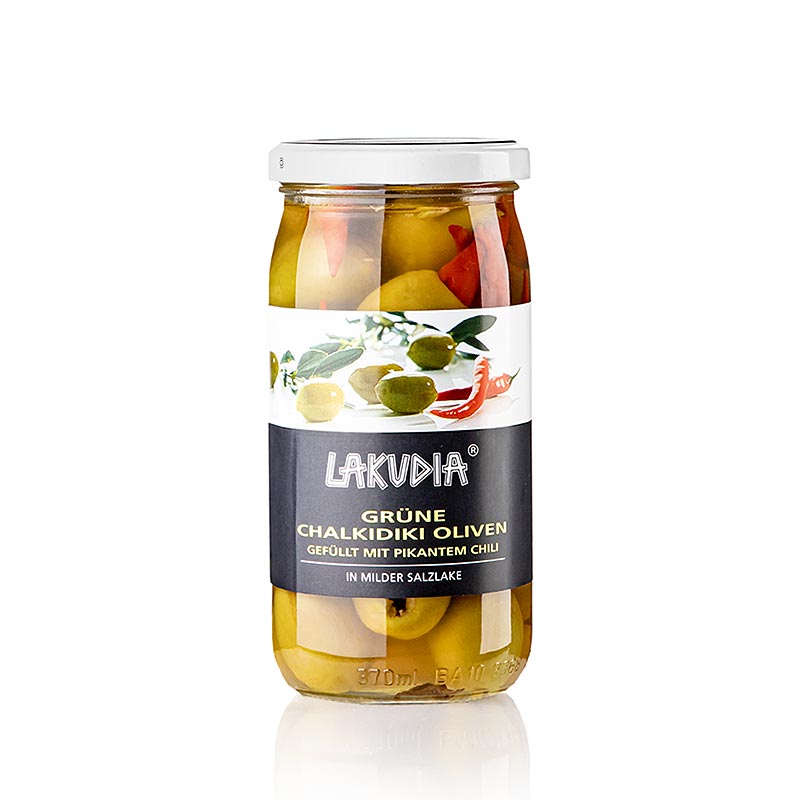 Groene olijven "Chalkidiki", zonder pit, met chili, Lakudia, 355 g