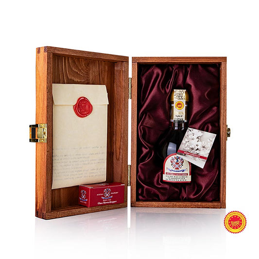 Aceto Balsamico Tradizionale DOP/PDO, Ciliegio, 50 jaar, geschenkverpakking, Malpighi, 100 ml - Een fles van 100 ml echte traditionele balsamico azijn, verpakt in een luxe geschenkverpakking van het merk Malpighi, gemaakt van de Ciliegio druiven, met een rijping van 50 jaar