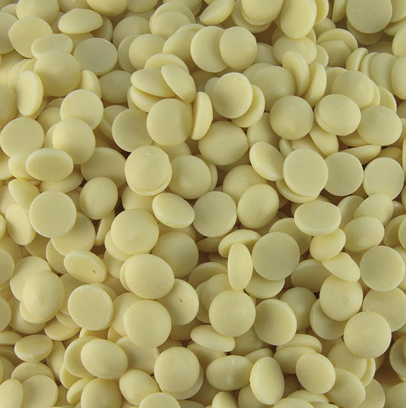 Witte chocolade Callets met 28% cacaoboter en 22% melk, verpakt in een zak van 25 kg