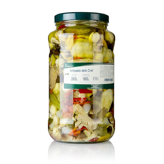 Gemengde ingemaakte antipasti - dello Chef, in zonnebloemolie, 29 kg: Een assortiment van heerlijke ingemaakte antipasti in zonnebloemolie