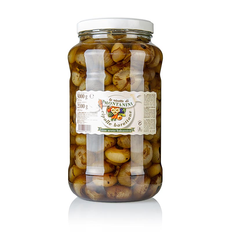 Foto van een 3 kg pot Cipolline Borettane uien ingemaakt in balsamicoazijn van Montanini