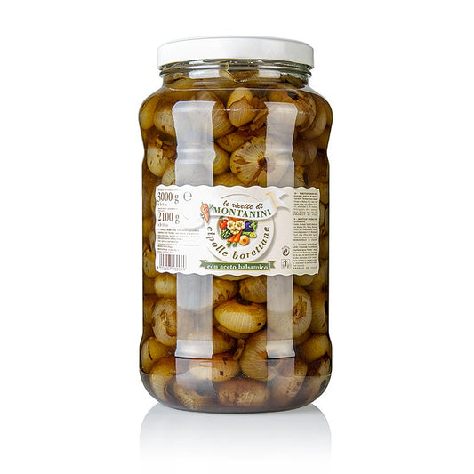 Foto van een 3 kg pot Cipolline Borettane uien ingemaakt in balsamicoazijn van Montanini