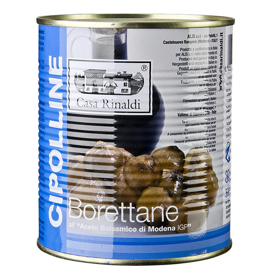 Foto van een pot met 800 g Cipolline Borettane uien in balsamicoazijn van het merk Alis, een heerlijke delicatesse uit Italië
