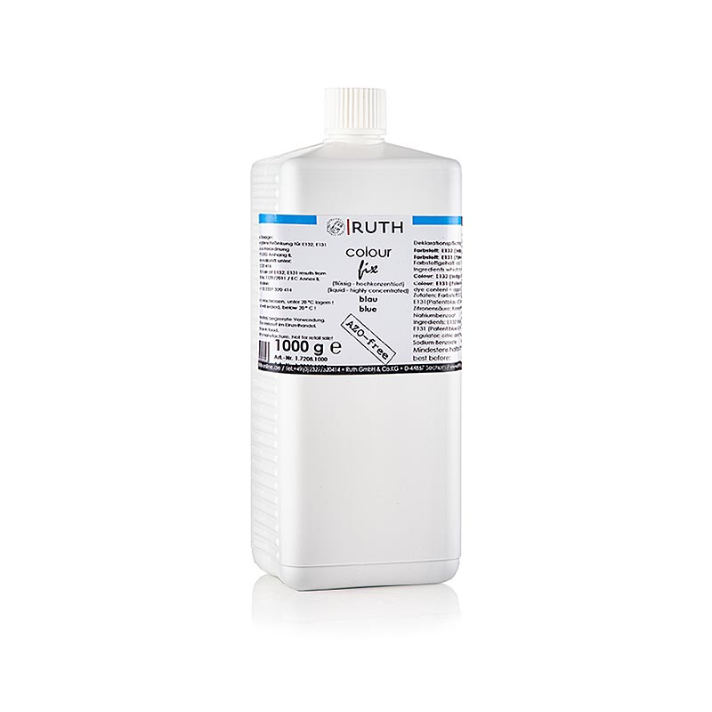 Vloeibare voedingskleurstof in de kleur blauw, productnummer 9808 van het merk Ruth, verpakt in 1 kg
