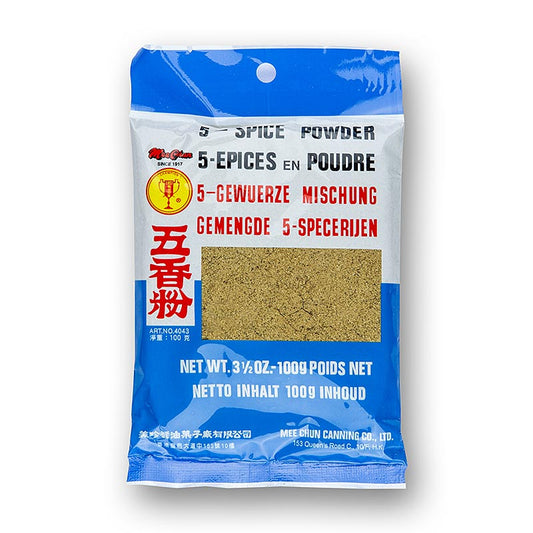 100 gram verpakking van Five Spice poeder met een mix van anijs, venkel, peper, gember en kaneel