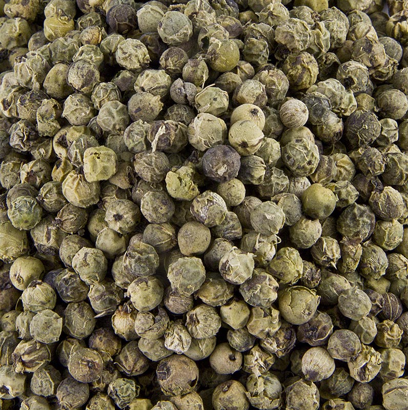 A close-up image of a 1 kg package of dried green peppercorns