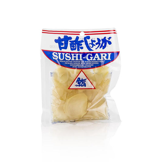 Gember, ingemaakt in zoete azijn, geel en wit van kleur, afkomstig uit Japan, 110 gram