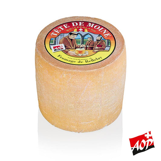 Tête de Moine AOP kaas, heel wiel van ca 800 g, bekend om zijn unieke smaak en karakteristieke vorm, perfect voor kaasliefhebbers en fijnproevers