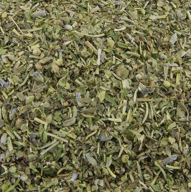 Foto van een zak gedroogde Provençaalse kruiden met rozemarijn, tijm, oregano, basilicum, peterselie en lavendel, verpakt in 1 kg