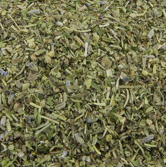 Foto van een zak gedroogde Provençaalse kruiden met rozemarijn, tijm, oregano, basilicum, peterselie en lavendel, verpakt in 1 kg