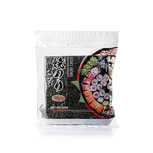 Gedroogd en geroosterd Yakinori half size zeewier, 125 g, 100 vellen, verpakt in goudkleurige verpakking