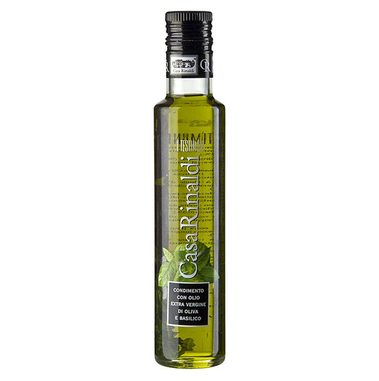 Extra vierge olijfolie van Casa Rinaldi met basilicumaroma, 250 ml, perfect voor het verrijken van salades en pasta's