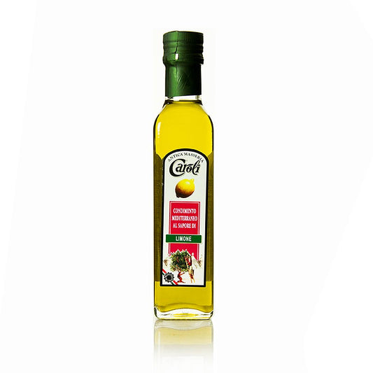 Een fles van 250 ml Caroli Extra olijfolie van eerste persing, gearomatiseerd met citroen
