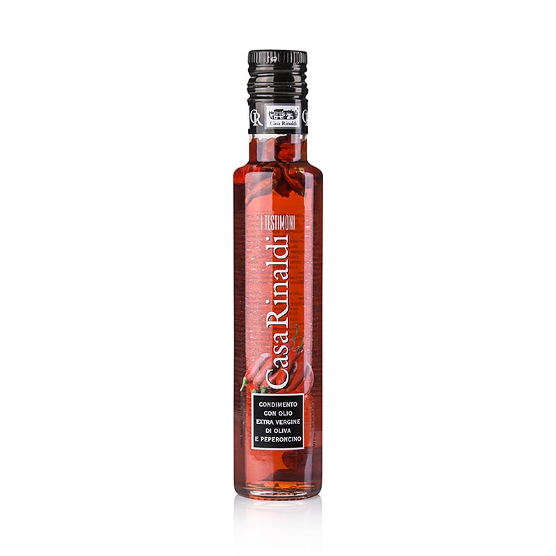 Extra vierge olijfolie van eerste persing, Casa Rinaldi gearomatiseerd met peperoncino, 250 ml, geschikt voor het toevoegen van een pittige smaak aan gerechten