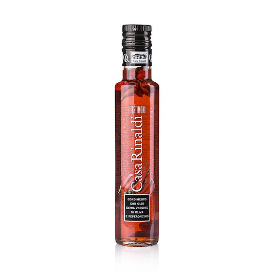 Extra vierge olijfolie van eerste persing, Casa Rinaldi gearomatiseerd met peperoncino, 250 ml, geschikt voor het toevoegen van een pittige smaak aan gerechten