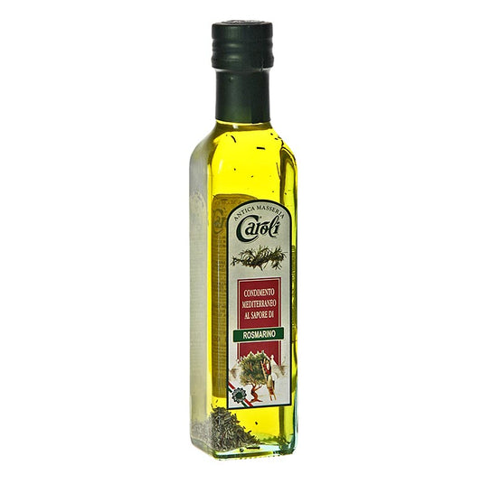 250 ml fles Caroli extra vierge olijfolie van eerste persing, gearomatiseerd met rozemarijn, perfect voor het versterken van smaken in salades en andere gerechten