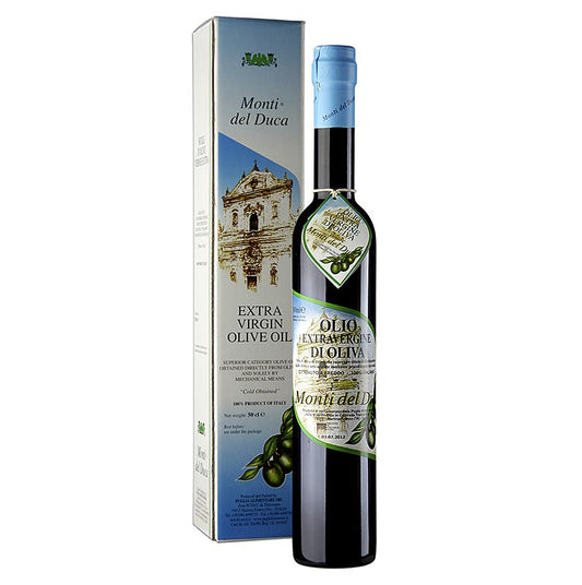 Extra olijfolie van eerste persing, Caroli Auslese Monti del Duca, delicaat fruitig, 500 ml - Illustratie van fles olijfolie met delicate fruitige smaak, geproduceerd door Caroli Auslese, met 500 ml inhoud