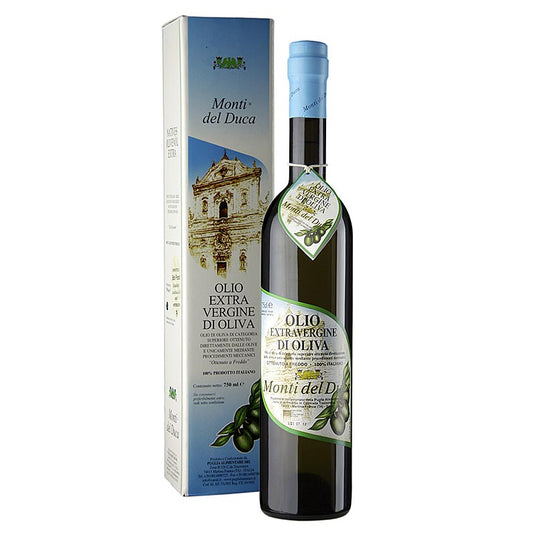 Extra vierge olijfolie van eerste persing, Caroli Auslese Monti del Duca, met een delicaat fruitige smaak, in een fles van 750 ml