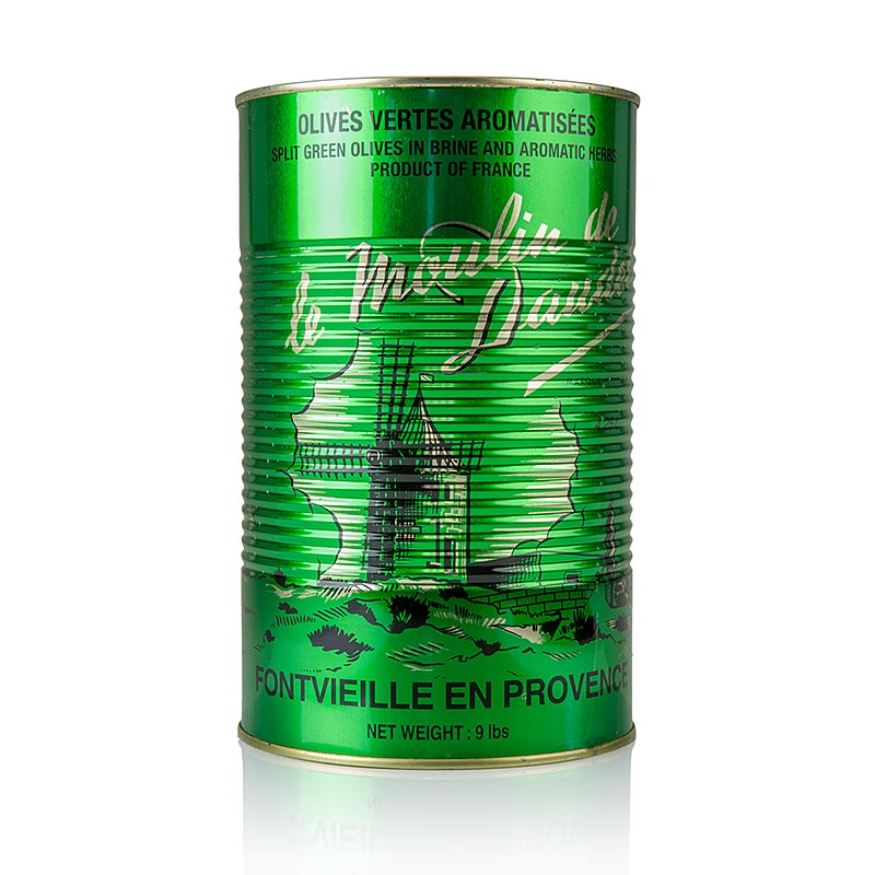 Green olives with pit, seasoned with Provençal herbs, Arnaud brand, 43 kg bulk packaging