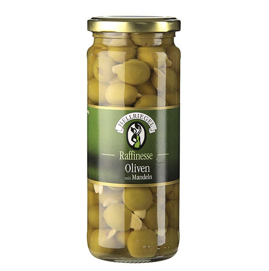 Groene olijven, zonder pit, met amandelen, in pekel, 440 g
