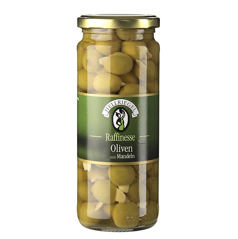 Groene olijven, ontpit, met amandelen, gepekeld, 440 g - heerlijke groene olijven gevuld met amandelen, perfect voor salades en hapjes