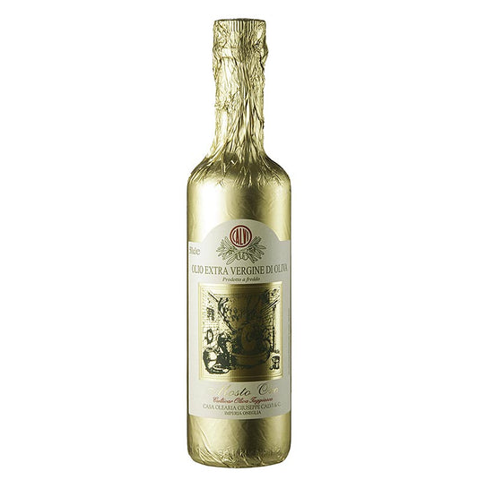 Extra olijfolie van eerste persing, Calvi Mosto Oro, goudfolie, 500 ml - premium Italiaanse olijfolie in een prachtige gouden fles van 500 ml