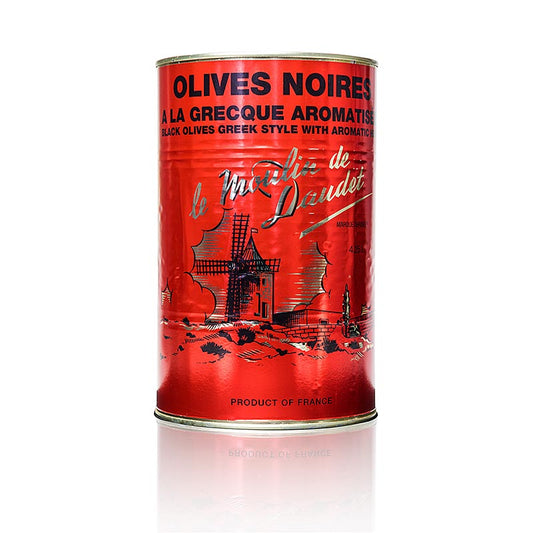 Zwarte olijven met pit en Provençaalse kruiden in zonnebloemolie, verpakt in een grote 3 kg verpakking