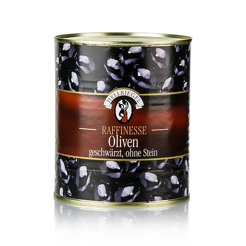 Zwarte olijven, zonder pit, zwartgeblakerd, in pekel, 850 g