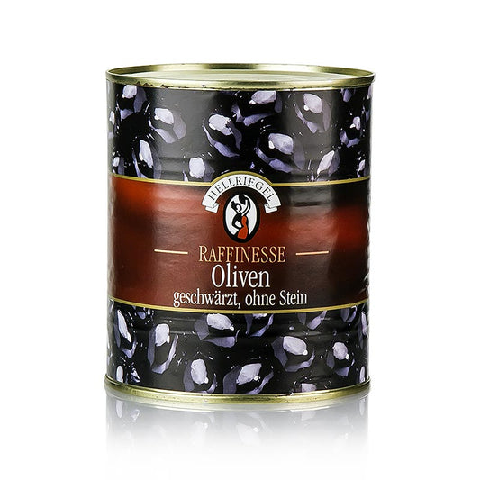 Zwarte olijven, zonder pit, zwartgeblakerd, in pekel, 850 g