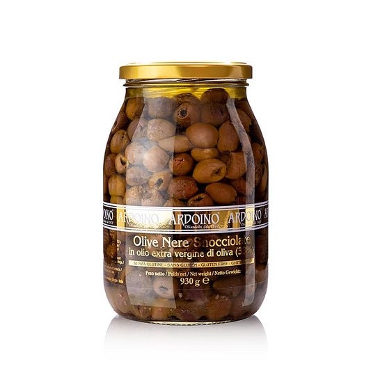 Zwarte olijven zonder pit (Snocciolate), in olijfolie, Ardoino, 930 g - heerlijke ontpitte zwarte olijven in olijfolie van het merk Ardoino, 930 gram