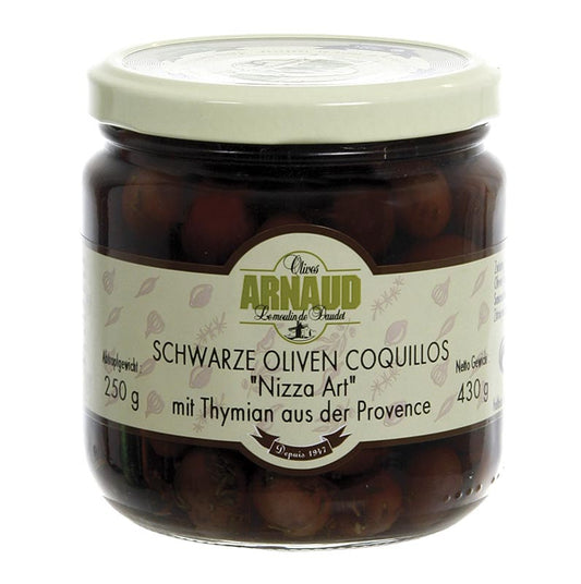 Zwarte olijven met pit, Coquillos olijven met tijm in pekel, Arnaud, 430 g - heerlijke ingelegde olijven van hoge kwaliteit